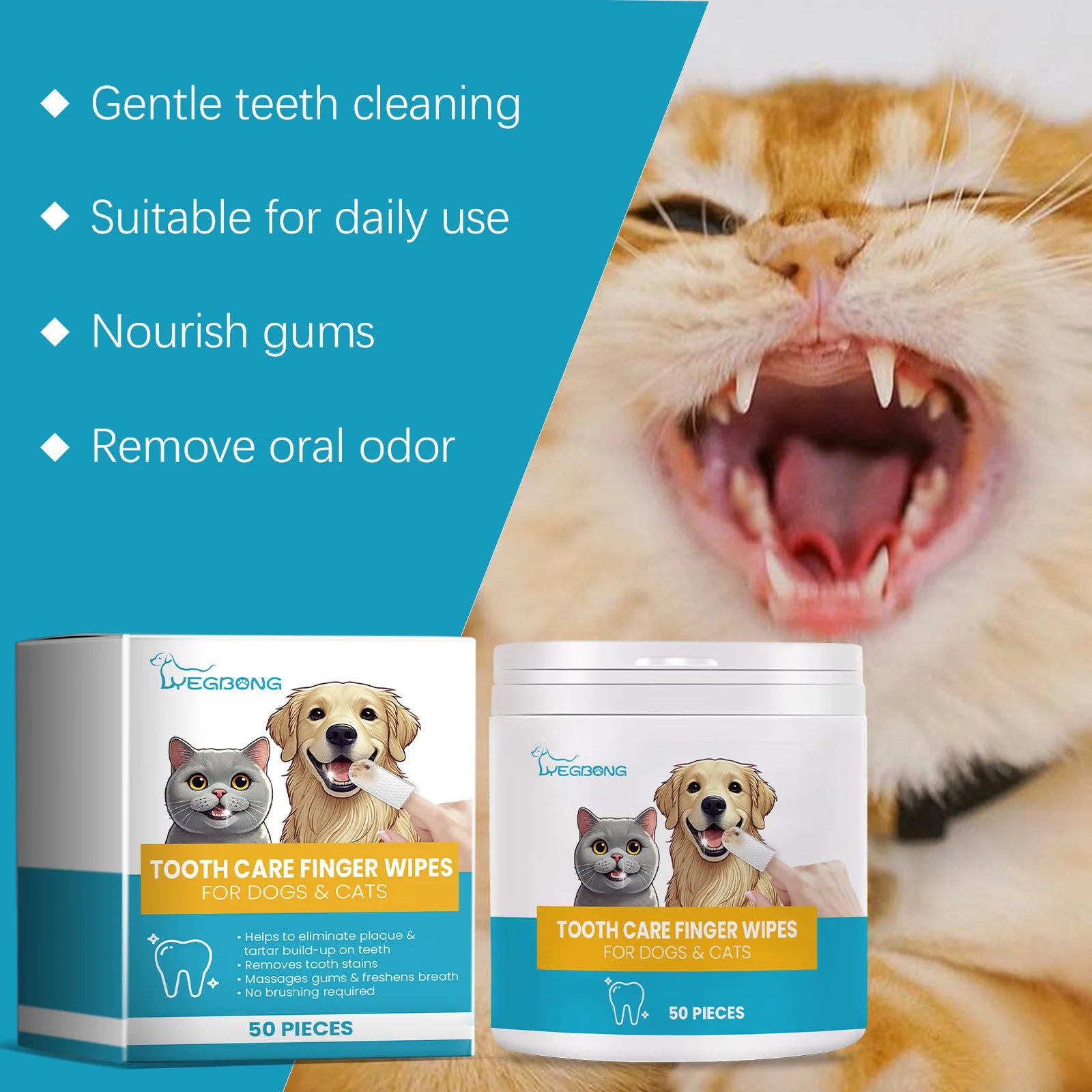 50pcs Pet Dental Care Finger Wipes Soothe Gums Bad Breath Eliminator Clean Stain Dog Cat Oral Care Toothbrush Wipes