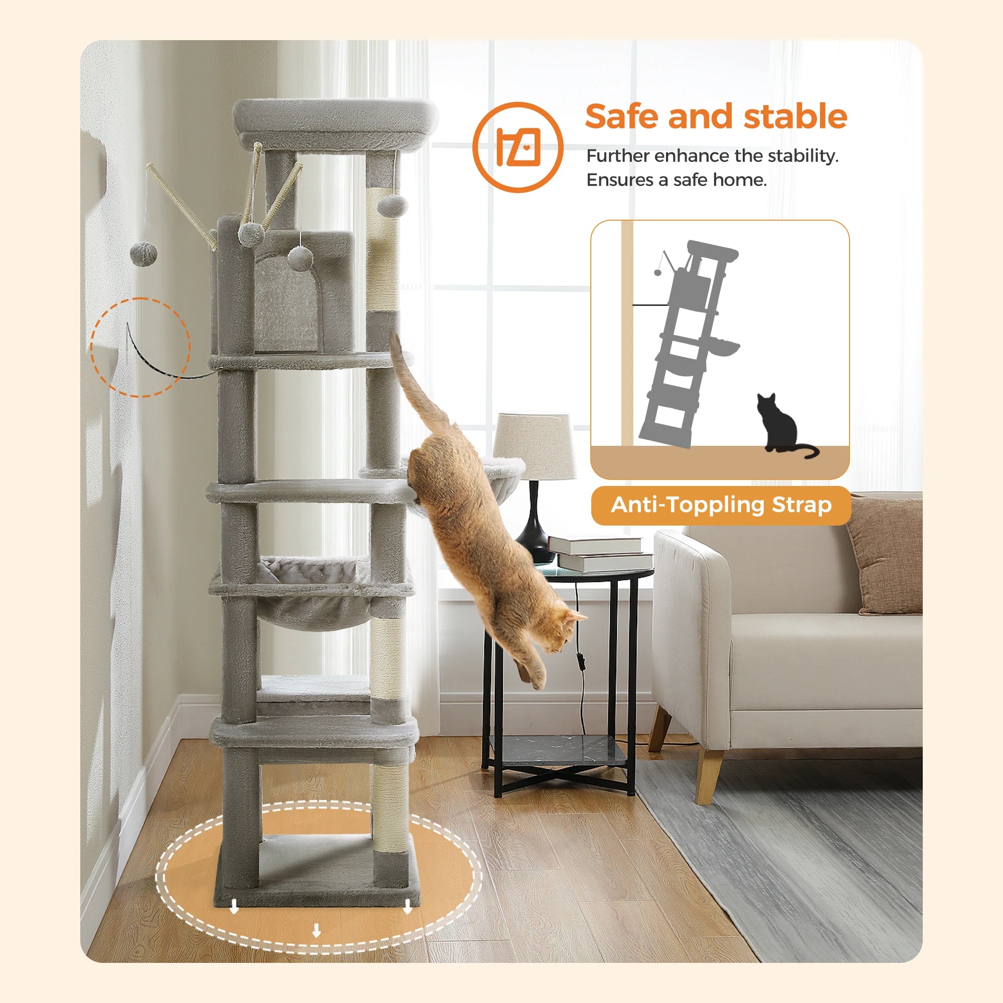 Tall Cat Tower for Cats with Super Big Hammock with Scratching Post
