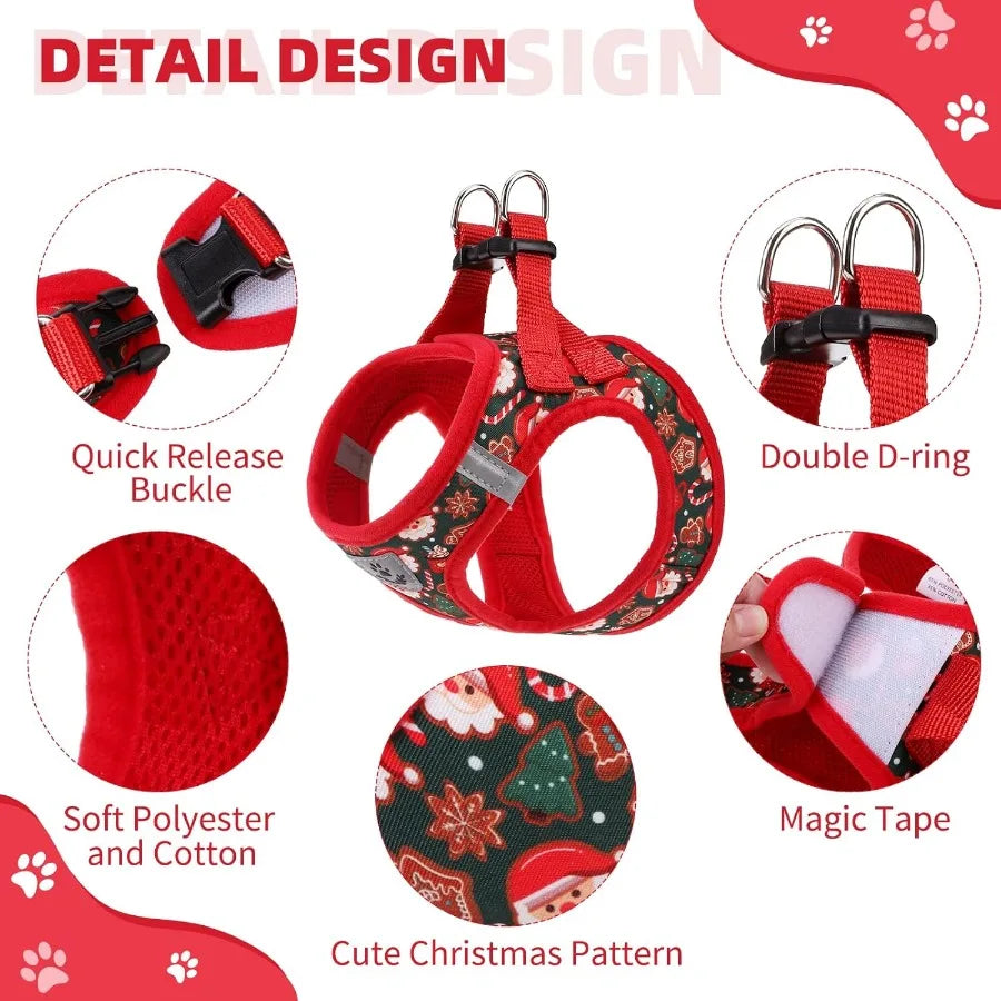 Christmas Dog Harness for Small Medium Dogs Stepin No Pull Soft Mesh Padded Adjustable and Reflective Pet Vest Harness Set with