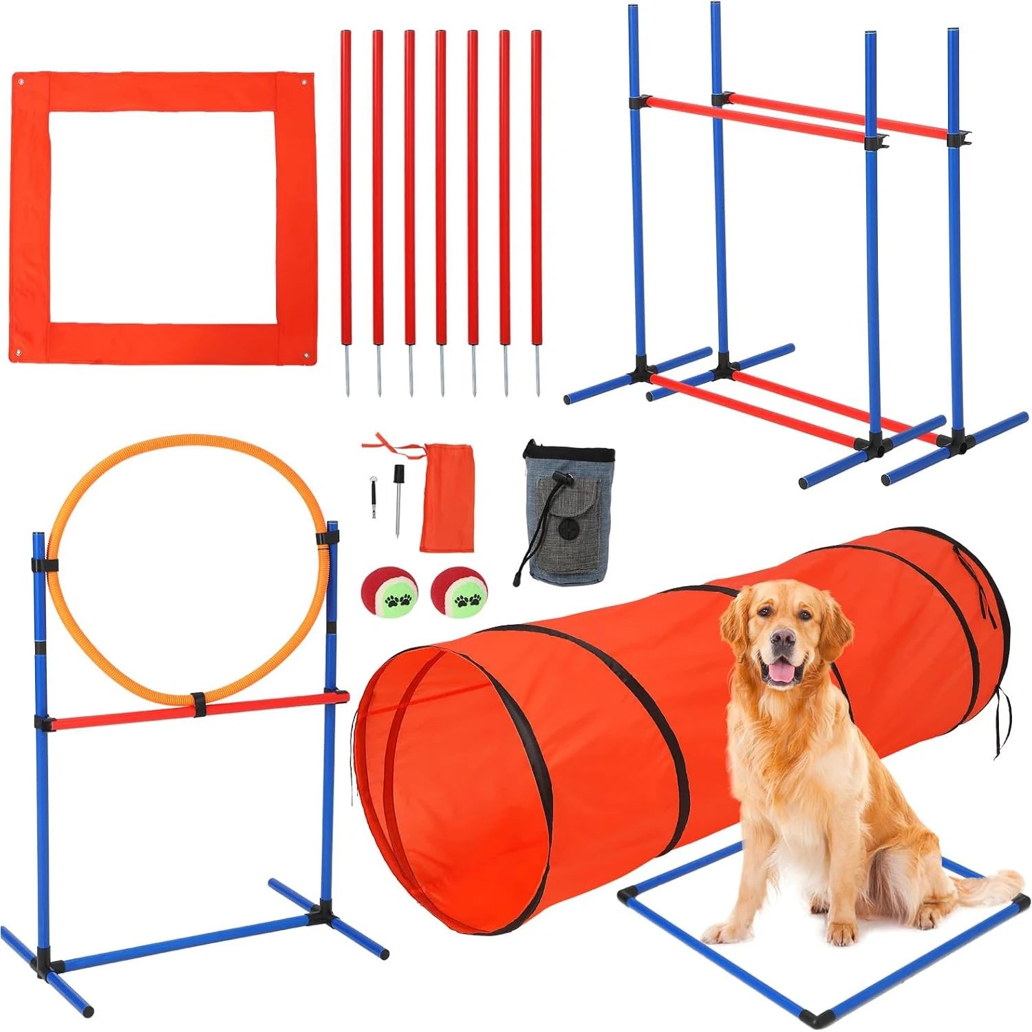 87 Pcs Dog Agile Training Equipment Set Obstacle Course Kit with 70" Tunnel Tire Jump Hurdle Jump Weave Poles