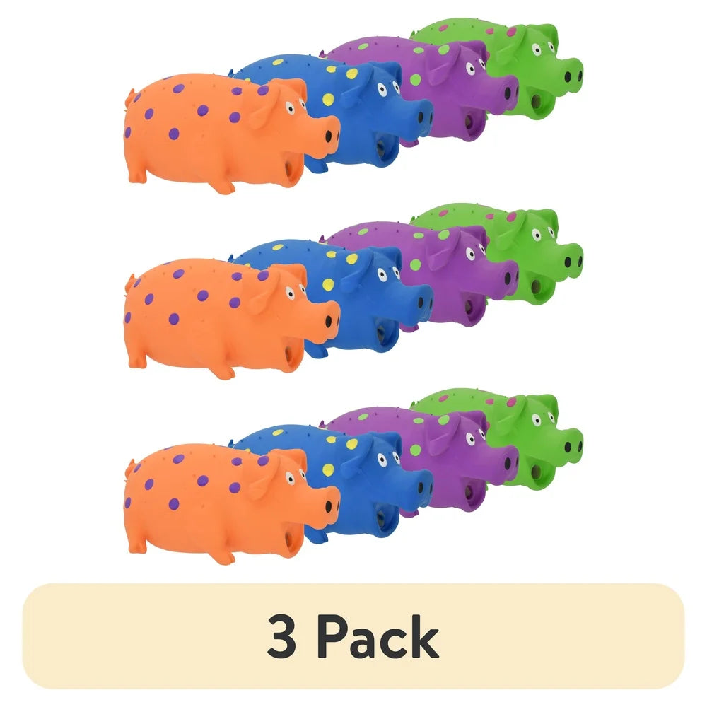 3 Pack Pig Shaped Latex Dog Toy Chew Level 1 Plush Fiber Filling Squeaker Grunting Sound Assorted Colors