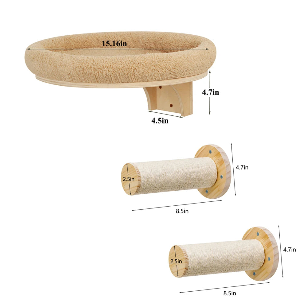 Cat Wall Mounted Solid Wooden Furniture Climbing Ladder and Hammock with Scratching Post for Activity