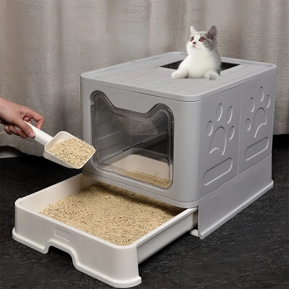 Easy Cleaning Cat Litter Box Large Cat Pan Drawer Anti-Splashing with Scoop
