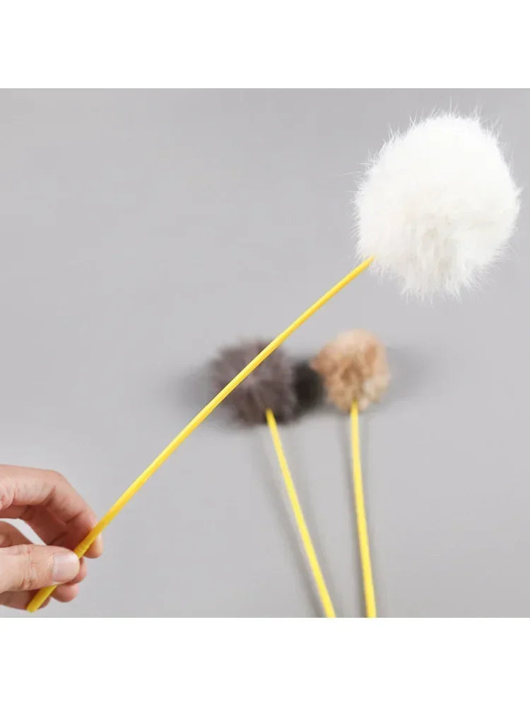 Tease Cat Stick Faux Rabbit Fur Pompom Plush
