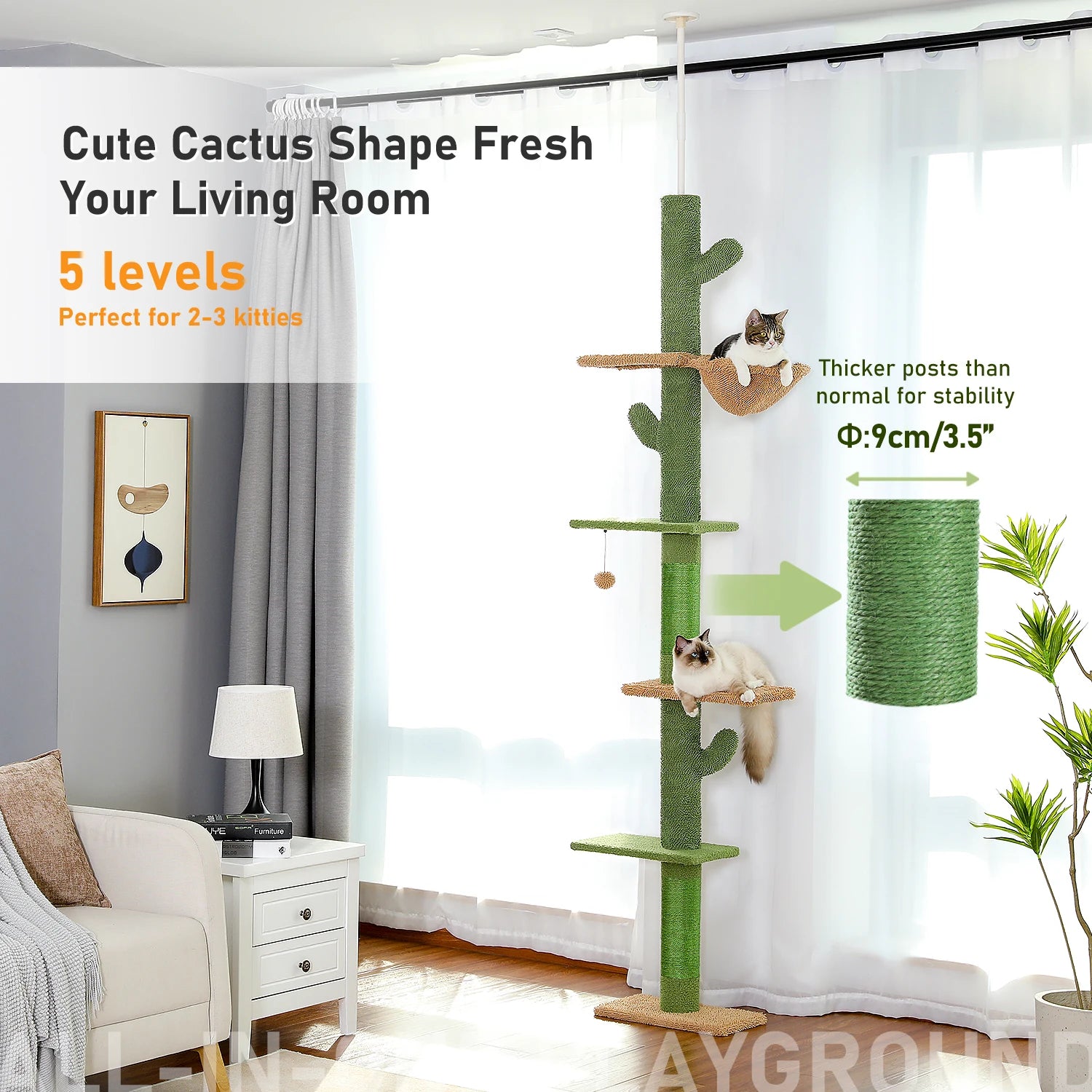 Cat Tree 5-Tier Floor to Ceiling Cat Tower Cactus Tall Climbing Tree with Scratching Post Hammock Dangling Ball