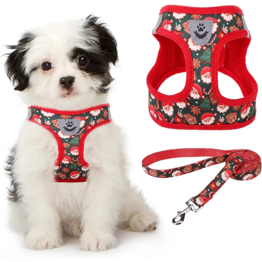 Christmas Dog Harness for Small Medium Dogs Stepin No Pull Soft Mesh Padded Adjustable and Reflective Pet Vest Harness Set with