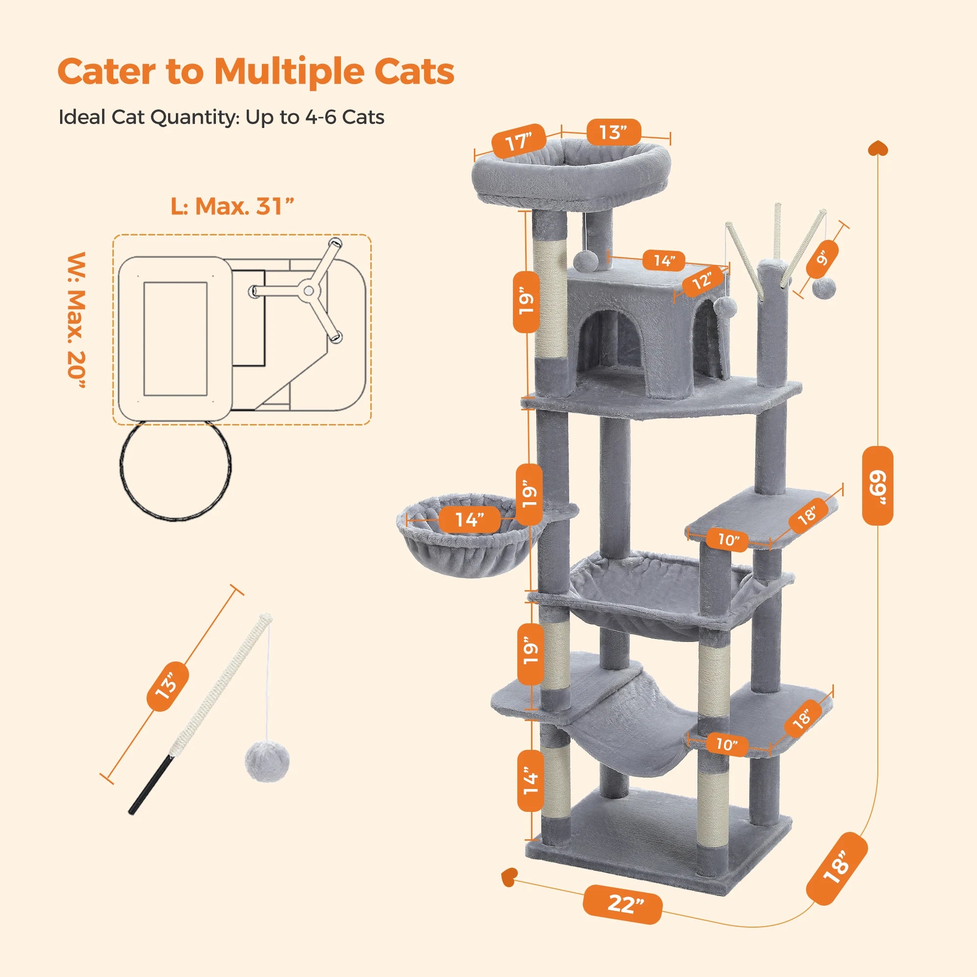 Tall Cat Tower for Cats with Super Big Hammock with Scratching Post