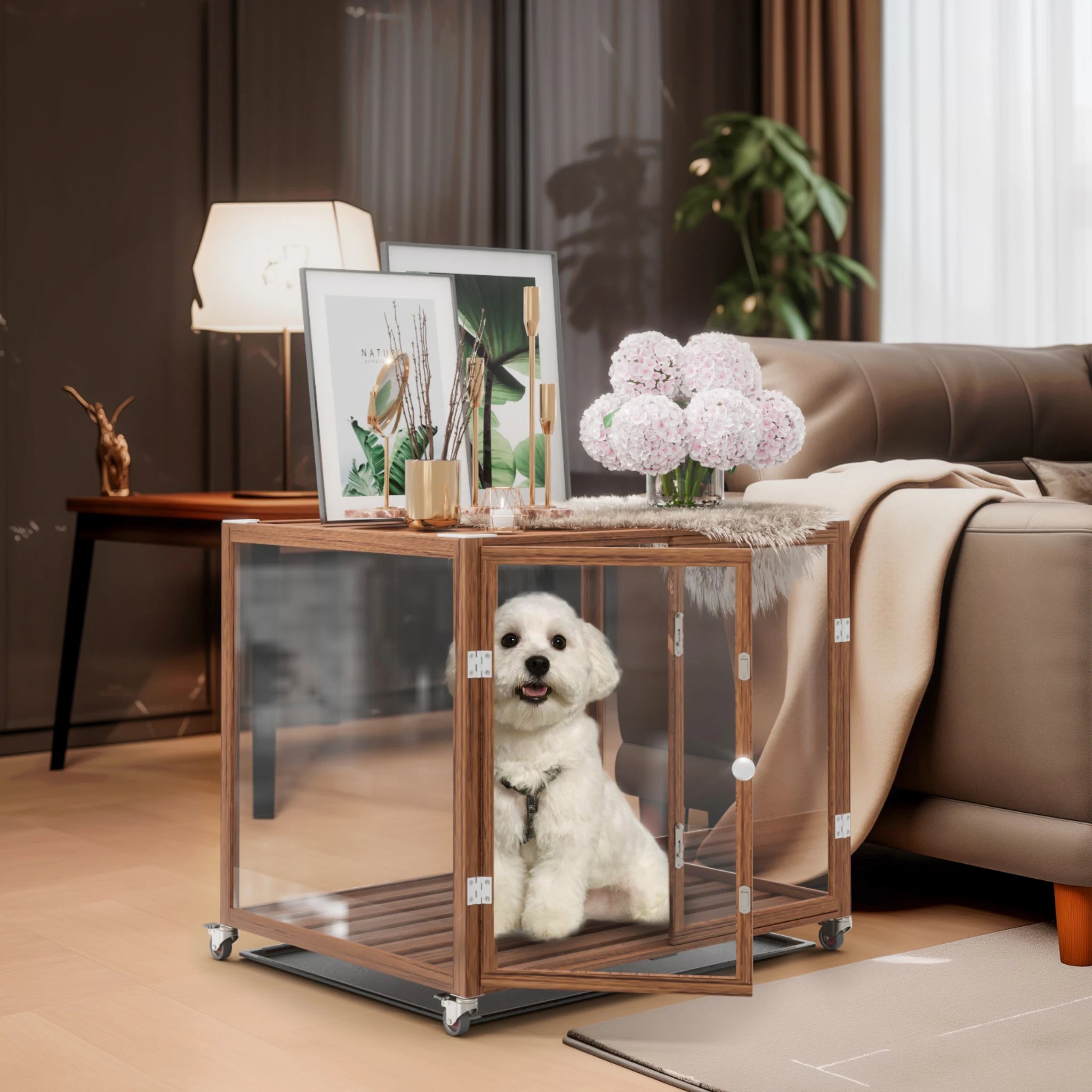 Self-Innovative Dog Cage: First Tempered Glass Dog Cage Aluminum Frame with Dual Doors and Wheels