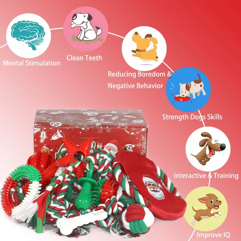 Christmas Dog Toys Bulk 15 Pack, Puppy Chew Toys for Teething Small Medium Puppies Including Variety Tough Rubber and Rope Toys