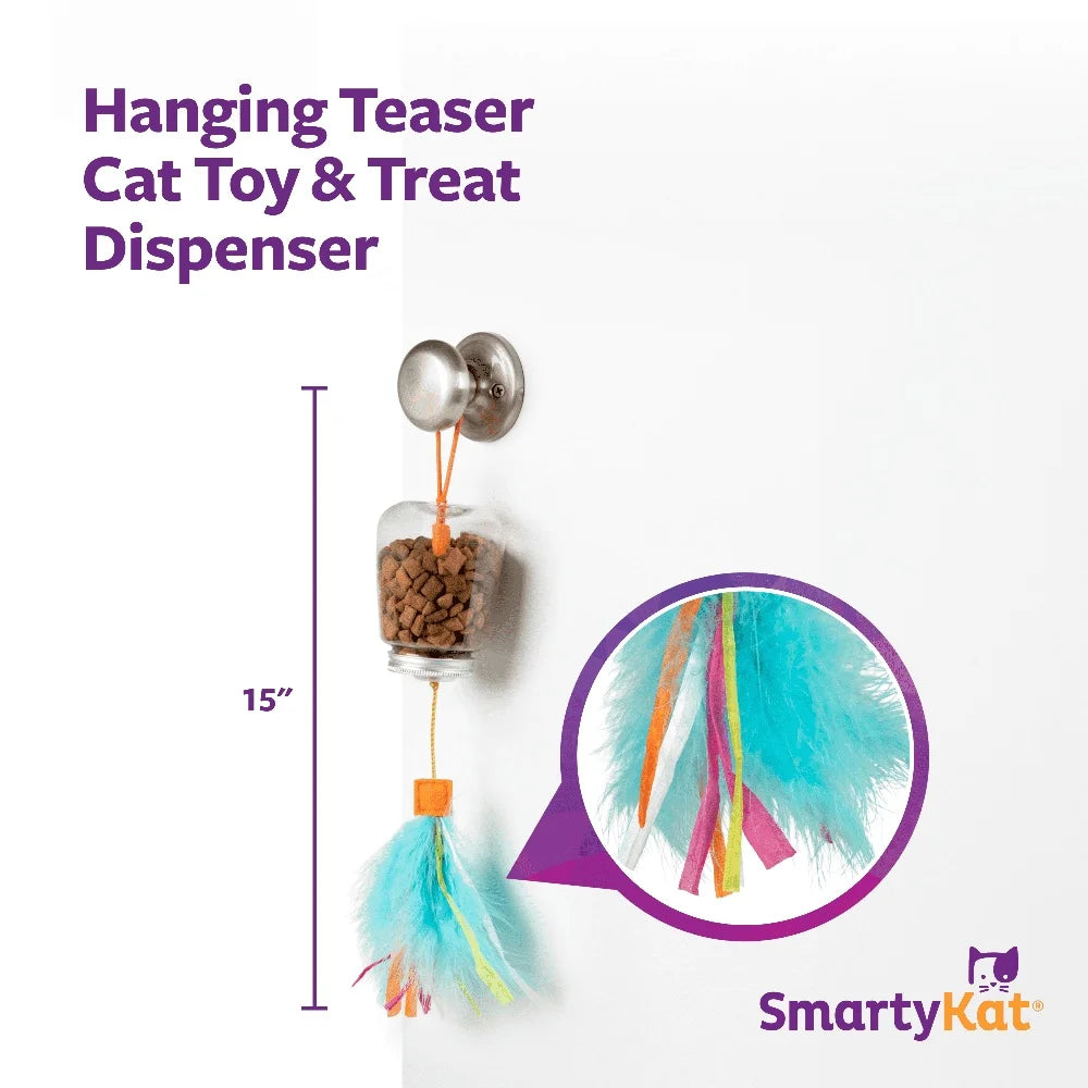 Cat Toy Treat Dispenser with Colorful Feathers and Ribbons