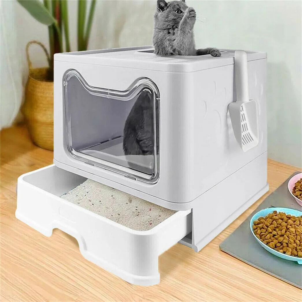 Easy Cleaning Cat Litter Box Large Cat Pan Drawer Anti-Splashing with Scoop