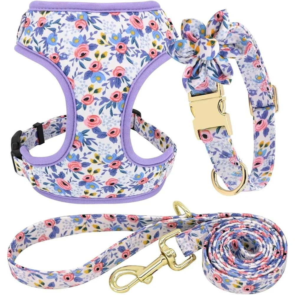 Dog Harness Leash Collar Set Adjustable Floral Soft Mesh Vest Puppies Girls