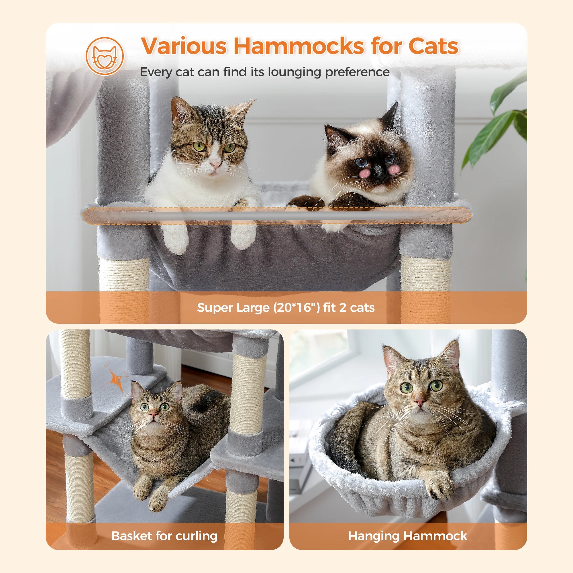 Tall Cat Tower for Cats with Super Big Hammock with Scratching Post