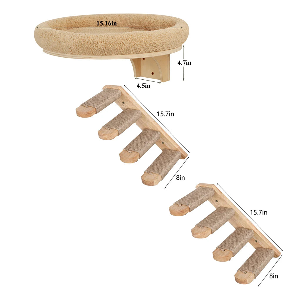 Cat Wall Mounted Solid Wooden Furniture Climbing Ladder and Hammock with Scratching Post for Activity