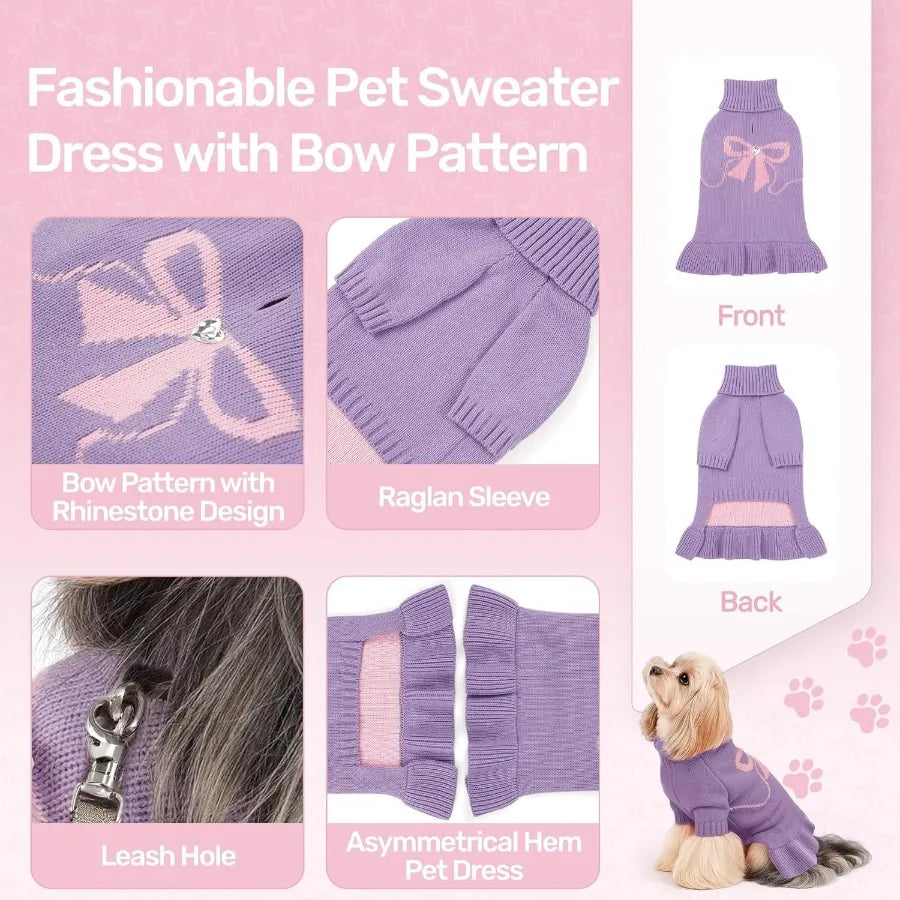 Winter Knitted Dog Sweater Dress for Small Puppies with Bow Pattern and Turtleneck in Purple Size S 59 lbs Designed for Chihuah