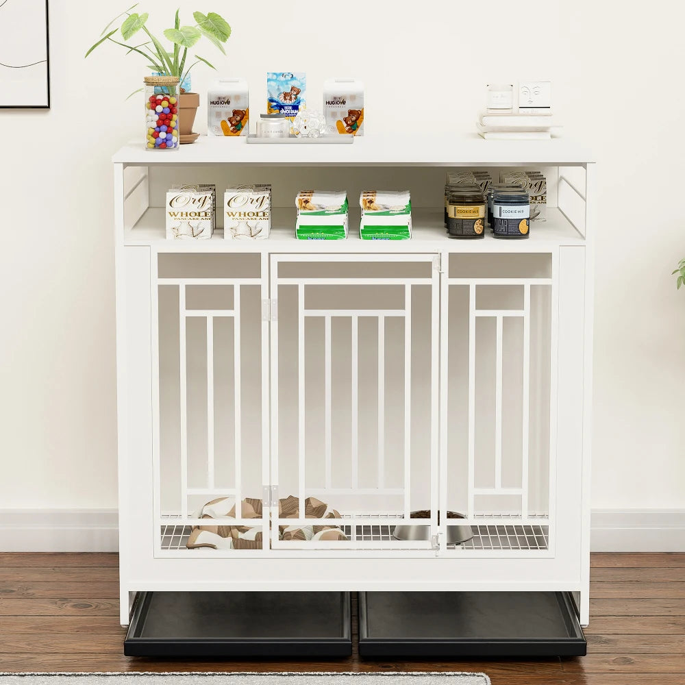 43.3 inch Dog Crate Furniture for Large Dogs ,Wooden with Divider, Double Door Dog with Three Drawers Storages