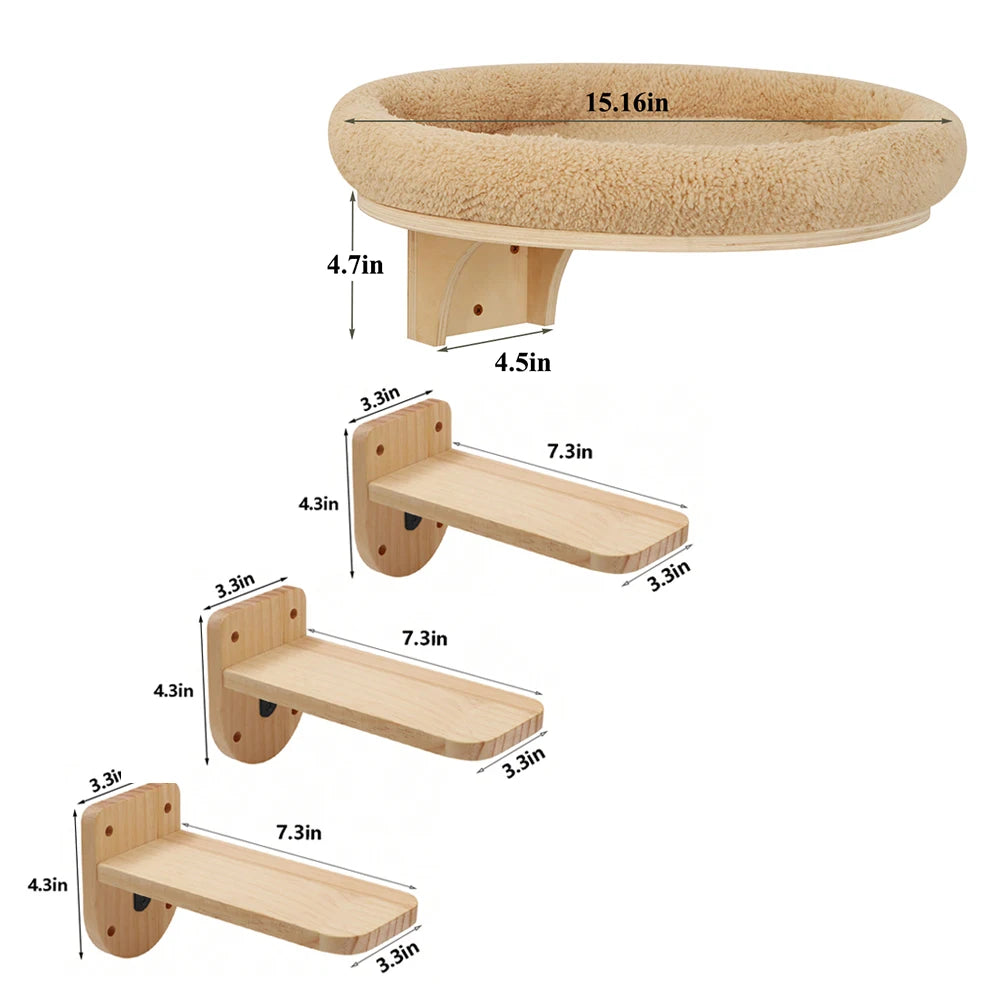 Cat Wall Mounted Solid Wooden Furniture Climbing Ladder and Hammock with Scratching Post for Activity