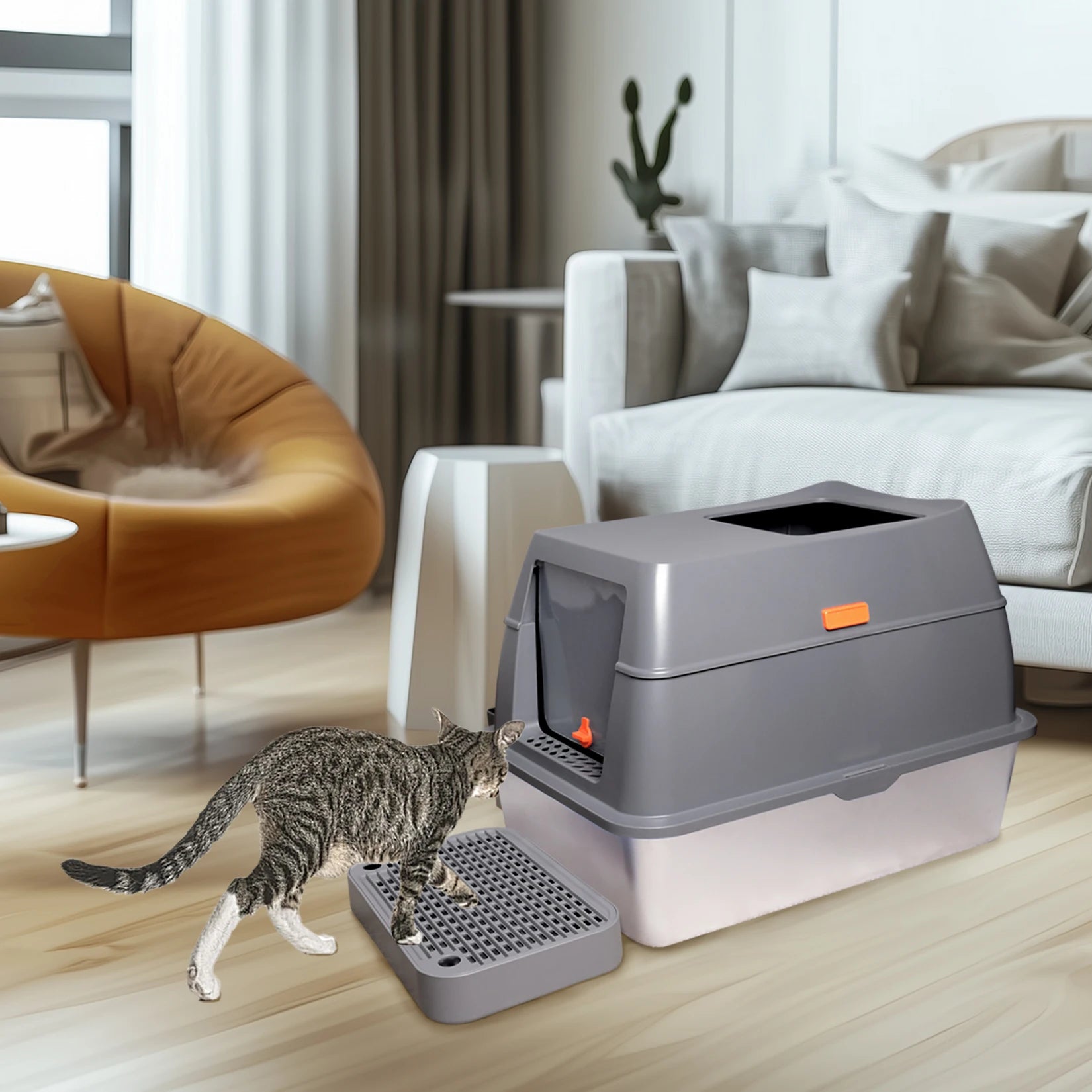 Cat Litter Box with Lid, Enclosed Potty, Large Top Entry Anti-Splashing Toilet, Easy to Clean Including Litter Scoop