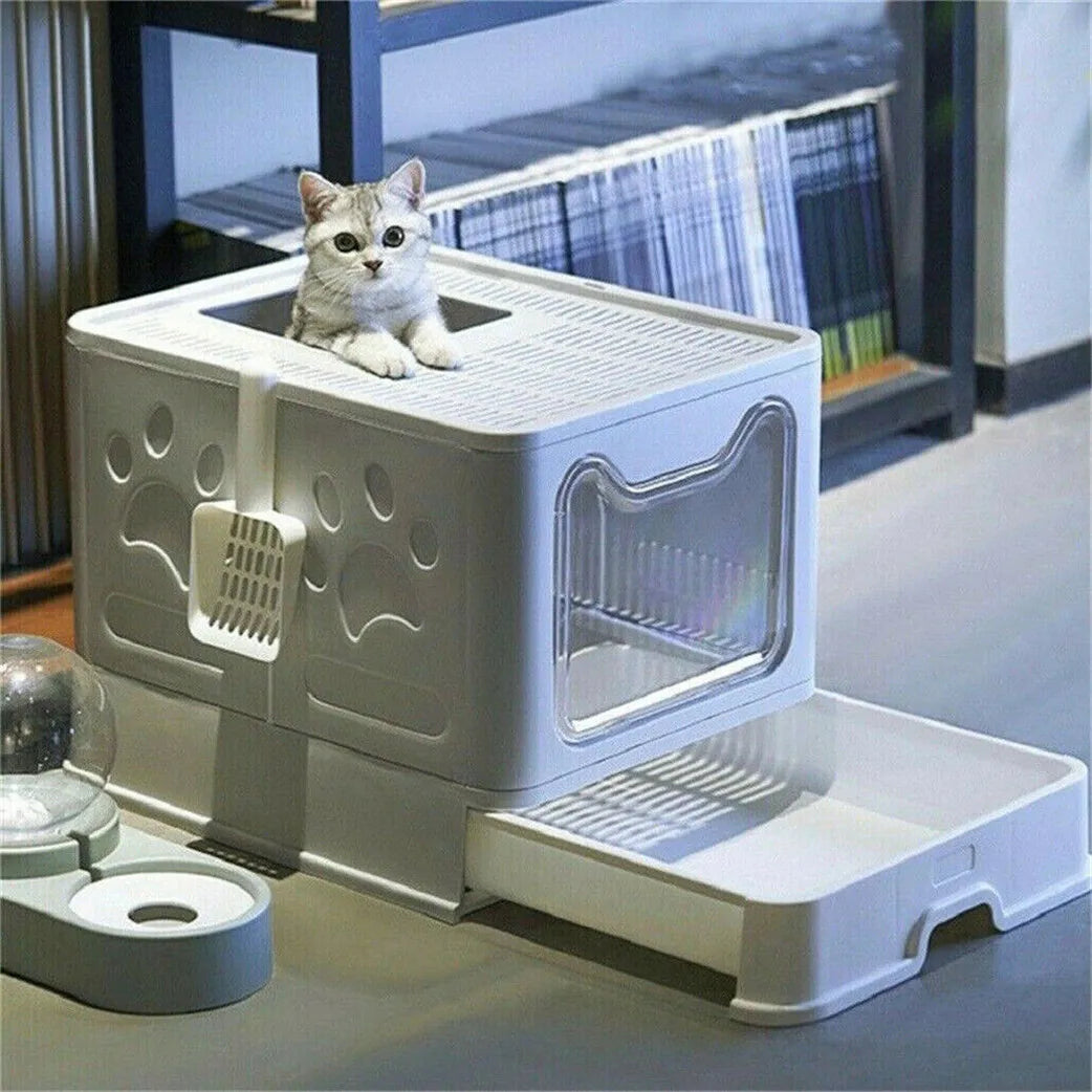 Easy Cleaning Cat Litter Box Large Cat Pan Drawer Anti-Splashing with Scoop