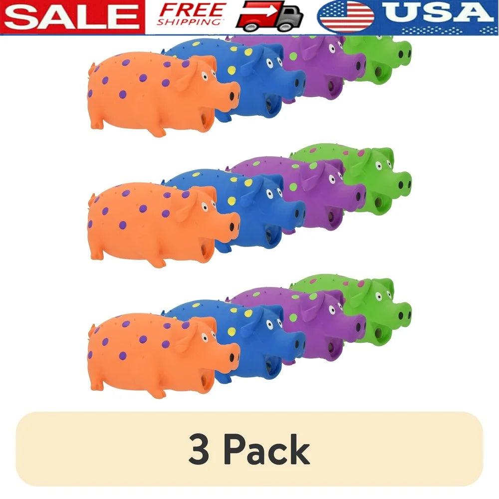 3 Pack Pig Shaped Latex Dog Toy Chew Level 1 Plush Fiber Filling Squeaker Grunting Sound Assorted Colors