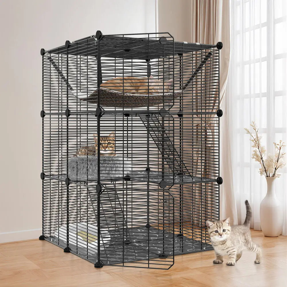 3-Tiers Cat Cage Enclosure Metal Wire Cat Kennel Playpen w/ Hammock for 1-2 Cats