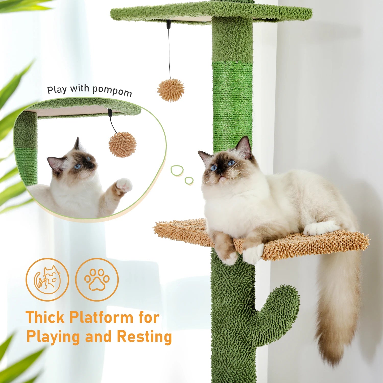 Cat Tree 5-Tier Floor to Ceiling Cat Tower Cactus Tall Climbing Tree with Scratching Post Hammock Dangling Ball