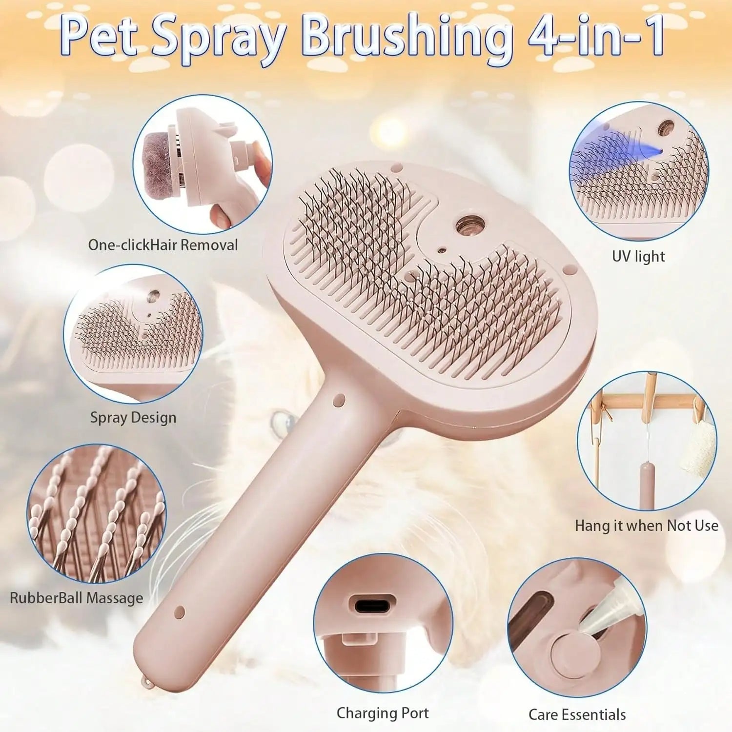 3 In 1 Self Cleaning Steamy Pet Brush - Anti-Static, Grooming Tool For Long And Short Hair Pets, Removes Loose Hair.