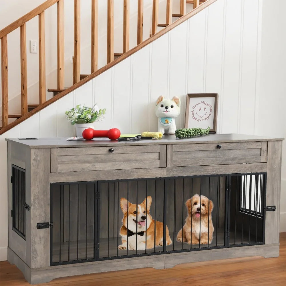 Wooden Dog Cage End Table with Charging Station