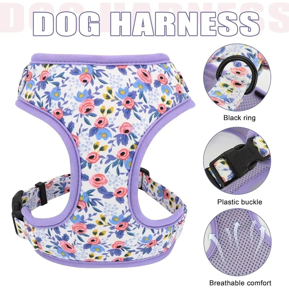 Dog Harness Leash Collar Set Adjustable Floral Soft Mesh Vest Puppies Girls