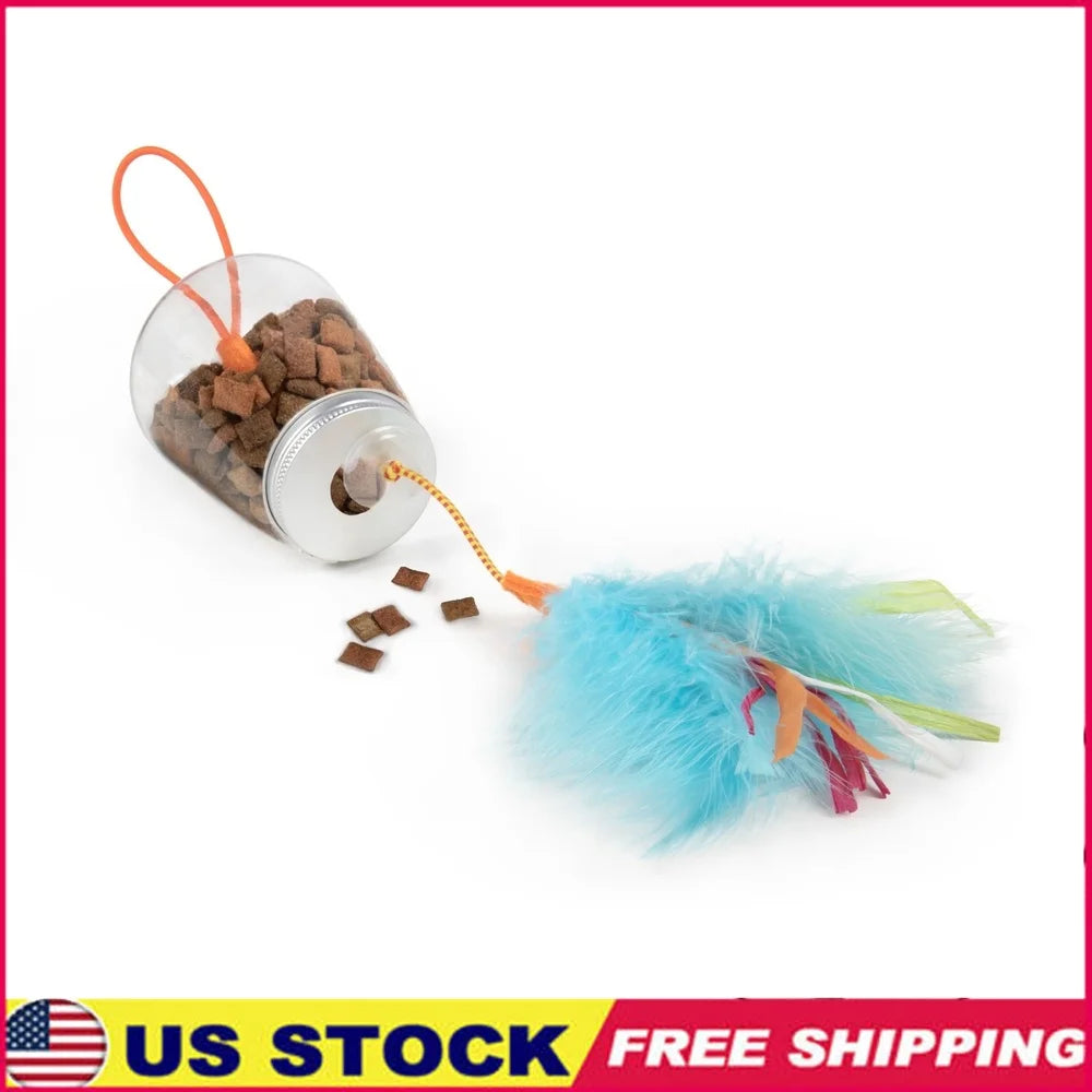 Cat Toy Treat Dispenser with Colorful Feathers and Ribbons
