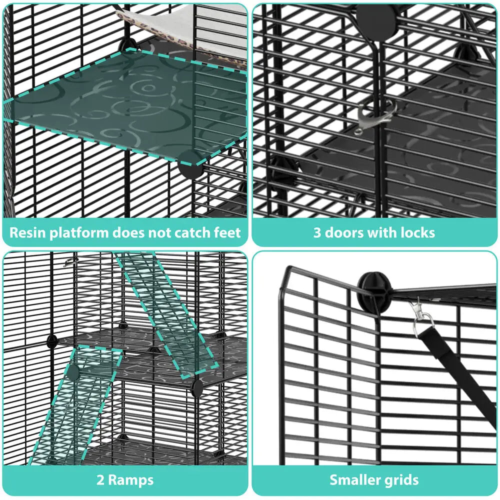 3-Tiers Cat Cage Enclosure Metal Wire Cat Kennel Playpen w/ Hammock for 1-2 Cats