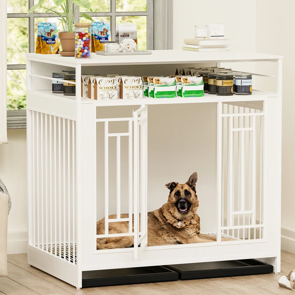 43.3 inch Dog Crate Furniture for Large Dogs ,Wooden with Divider, Double Door Dog with Three Drawers Storages