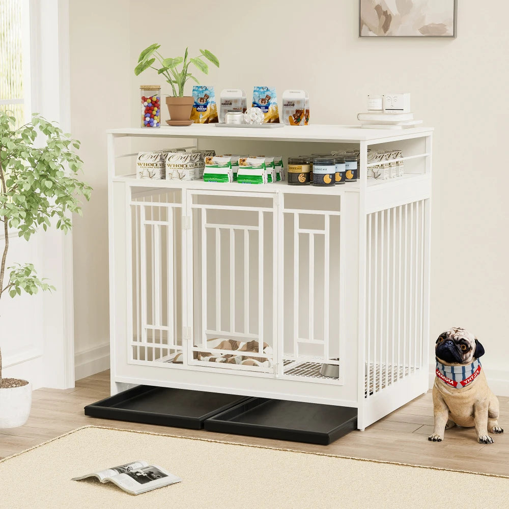 43.3 inch Dog Crate Furniture for Large Dogs ,Wooden with Divider, Double Door Dog with Three Drawers Storages