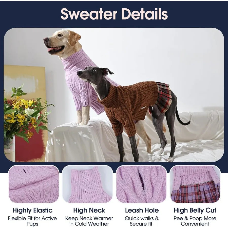 Cute Dog Warm Dress for Fall Winter Extra Large Size Cable Knit Sweater Dress with Good Stretchy Fit for Giant Breed Female Dog
