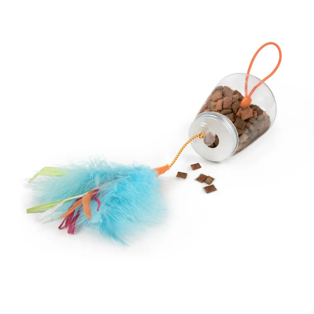 Cat Toy Treat Dispenser with Colorful Feathers and Ribbons