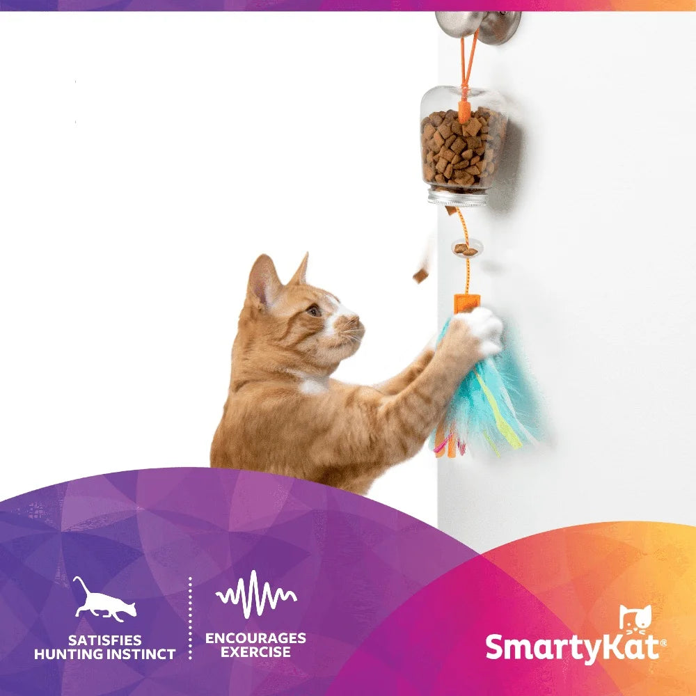 Cat Toy Treat Dispenser with Colorful Feathers and Ribbons