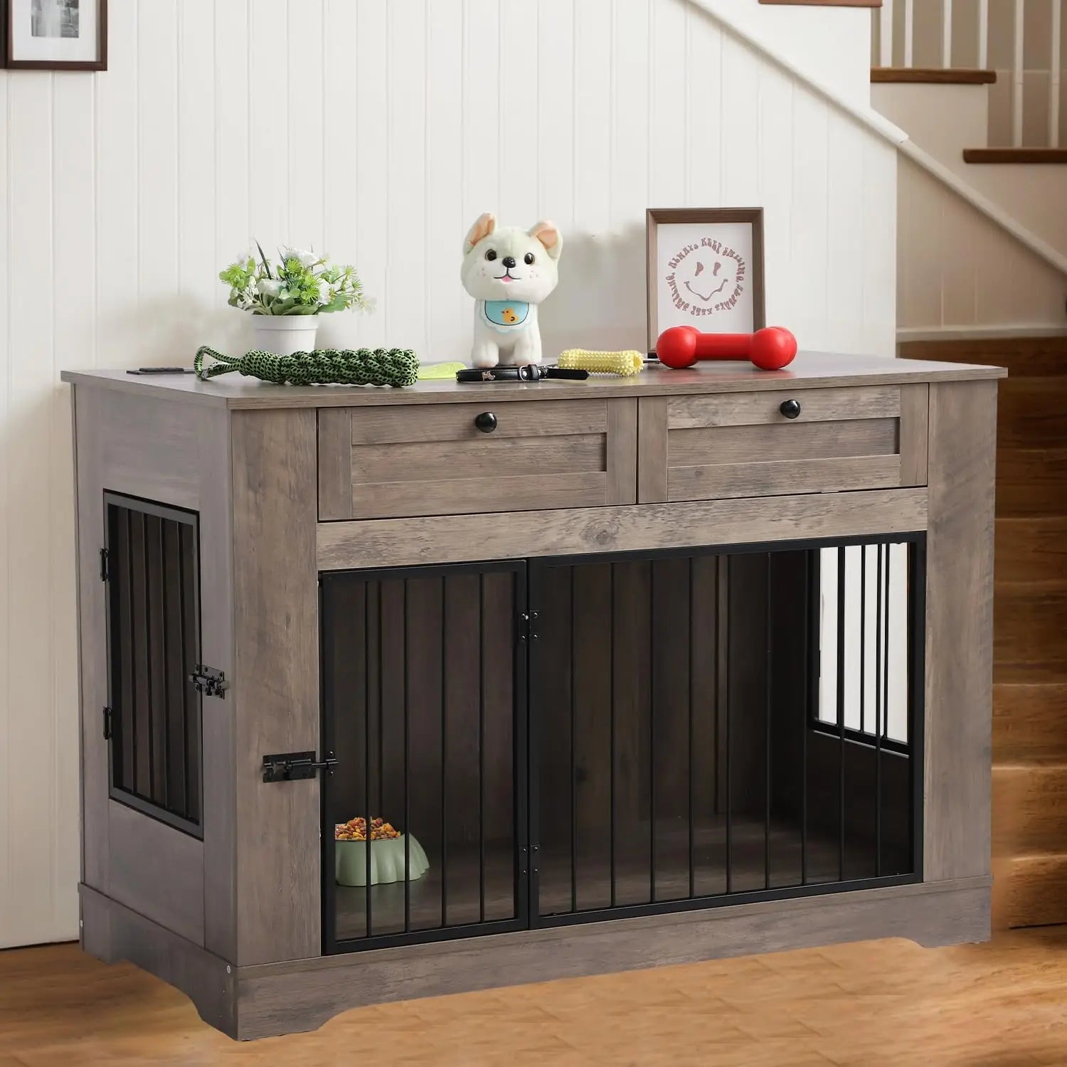 Wooden Dog Cage End Table with Charging Station