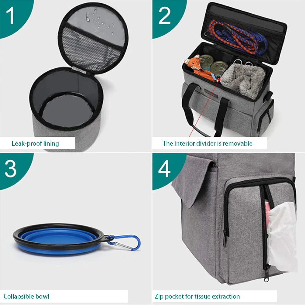 Travel Bag Backpack for Week Away/Overnight, w/ 2 Food Bags 1 Waterproof Placemat 2 Foldable Bowls