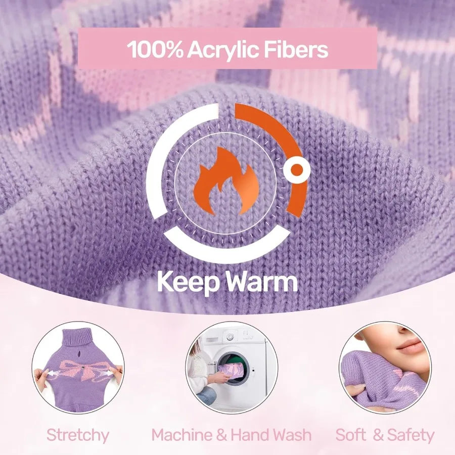 Winter Knitted Dog Sweater Dress for Small Puppies with Bow Pattern and Turtleneck in Purple Size S 59 lbs Designed for Chihuah