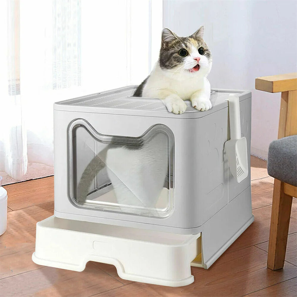 Easy Cleaning Cat Litter Box Large Cat Pan Drawer Anti-Splashing with Scoop