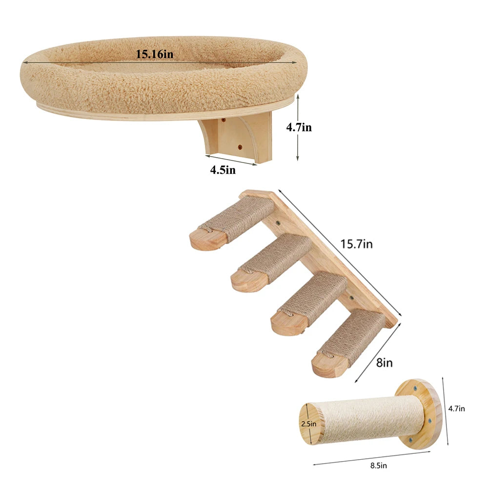 Cat Wall Mounted Solid Wooden Furniture Climbing Ladder and Hammock with Scratching Post for Activity