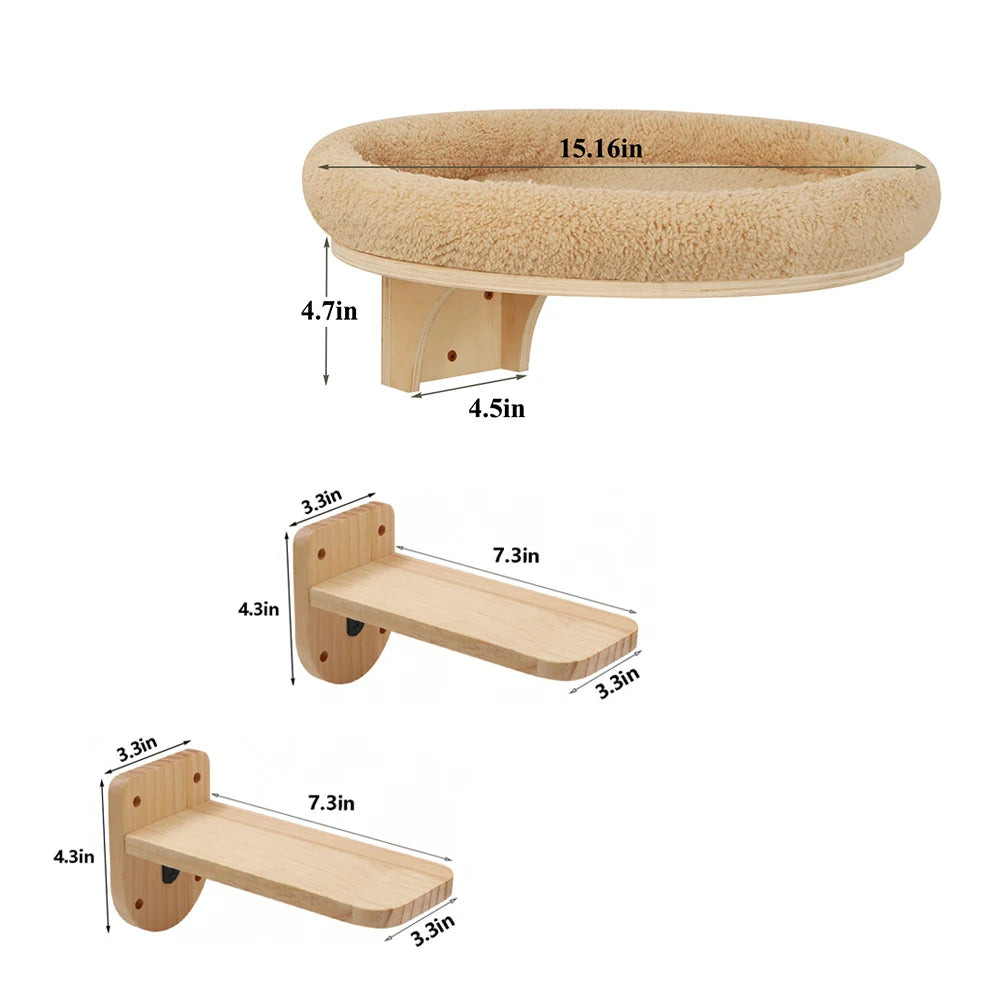 Cat Wall Mounted Solid Wooden Furniture Climbing Ladder and Hammock with Scratching Post for Activity