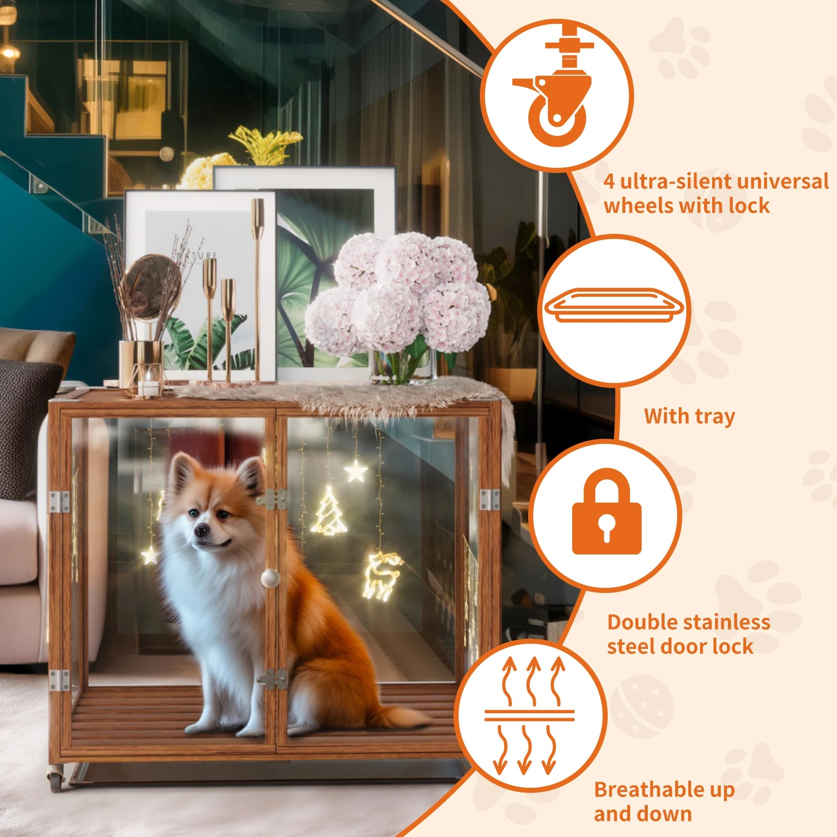 Self-Innovative Dog Cage: First Tempered Glass Dog Cage Aluminum Frame with Dual Doors and Wheels
