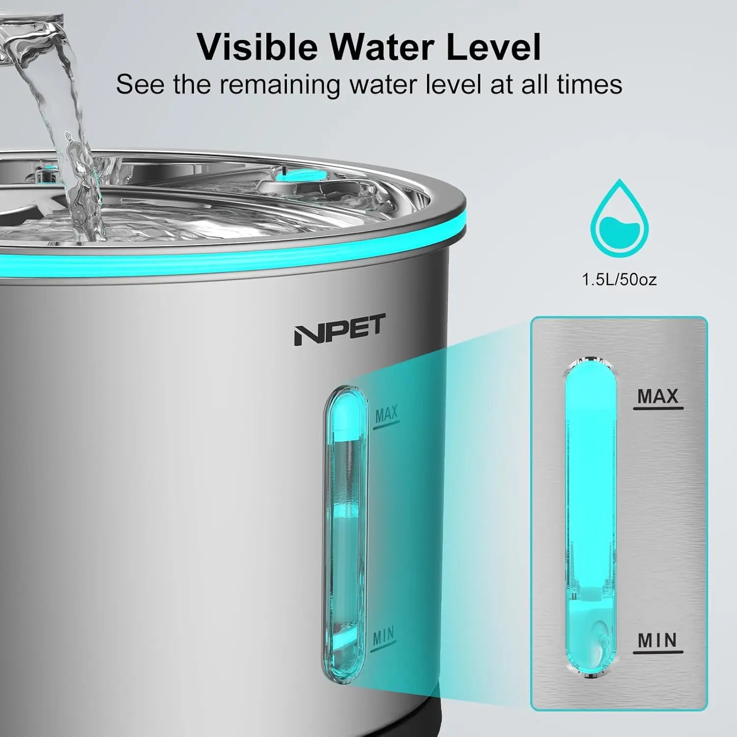 Cat Water Fountain Stainless Steel, 50oz/1.5L with Visible Window Light