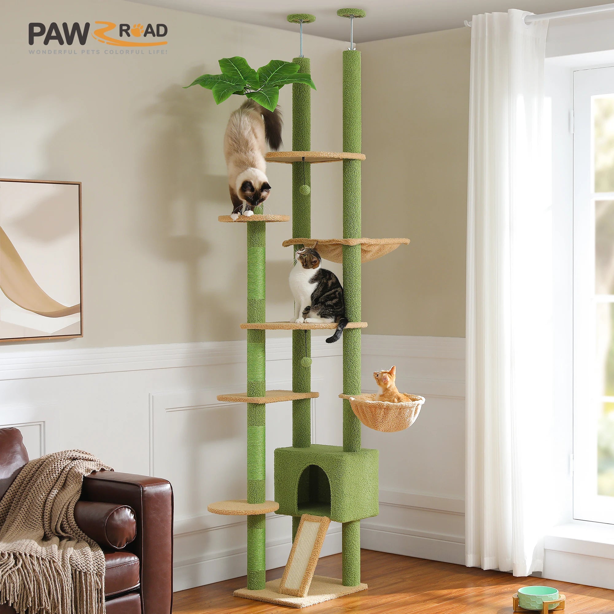 Floor to Ceiling Cat Tower Adjustable Height with Cat Condo Cozy Hammock and Scratching Post