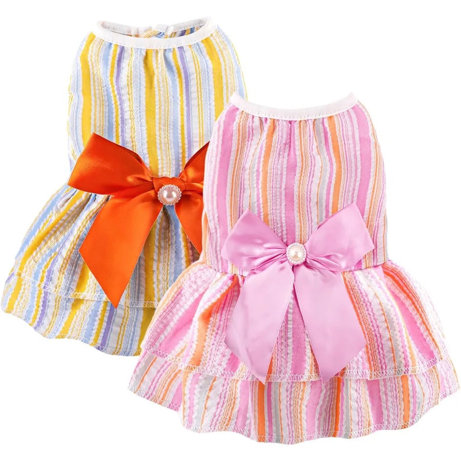 2 Pieces Dog Dress Princess Stripe Pet Dresses for Small Dogs Cute Bowknot Dog Summer Clothes for Dogs Cats Pets Puppy Chihuahu