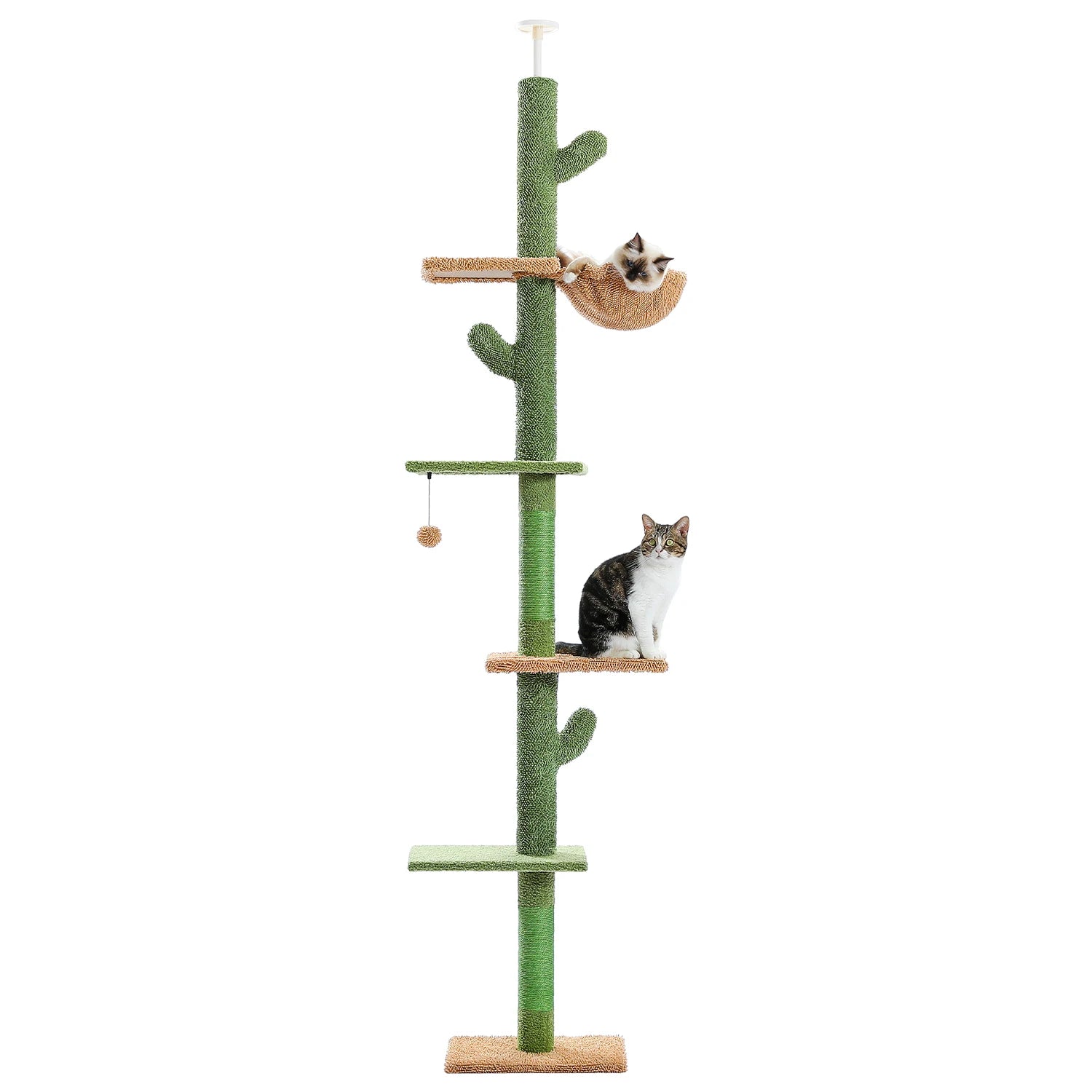 Cat Tree 5-Tier Floor to Ceiling Cat Tower Cactus Tall Climbing Tree with Scratching Post Hammock Dangling Ball