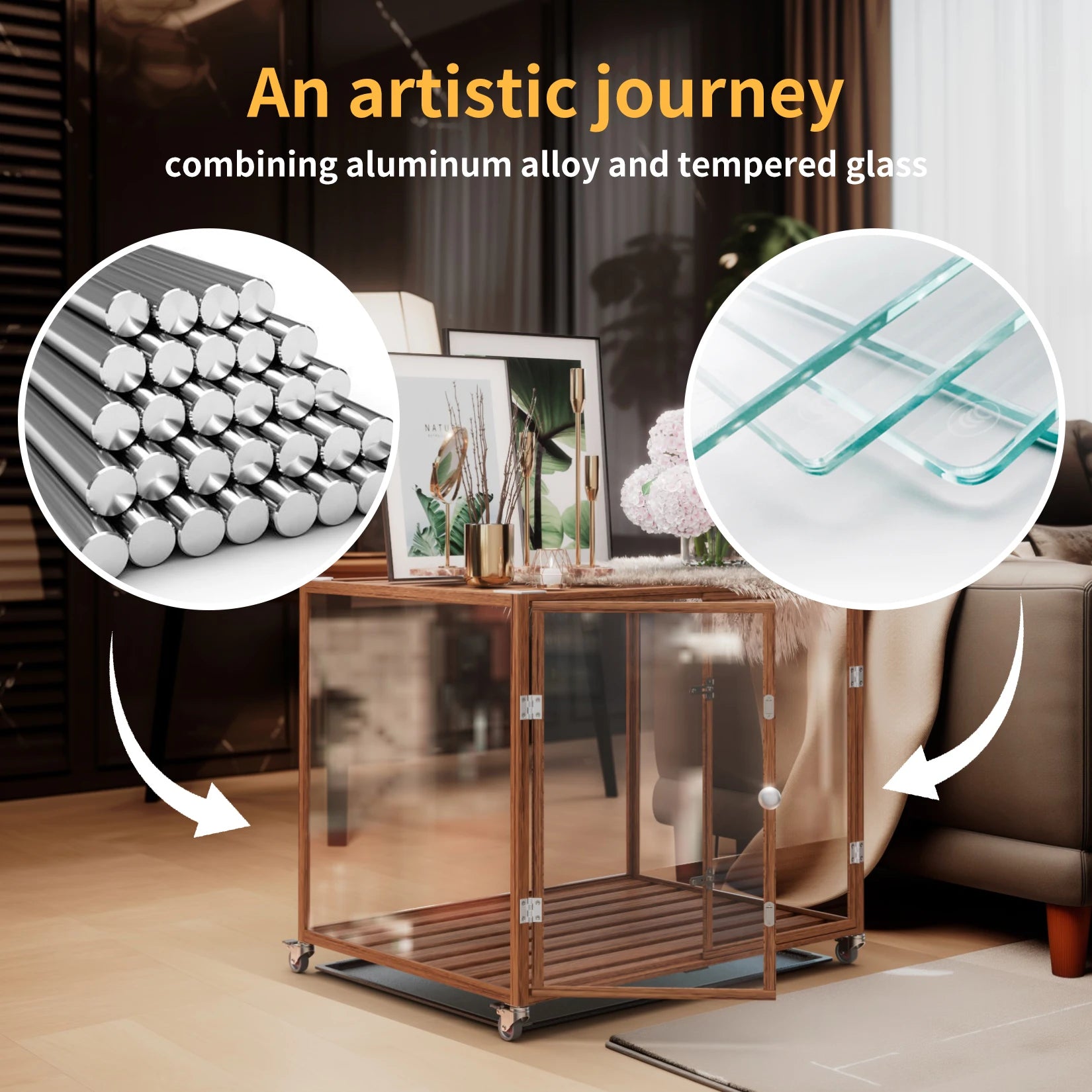 Self-Innovative Dog Cage: First Tempered Glass Dog Cage Aluminum Frame with Dual Doors and Wheels