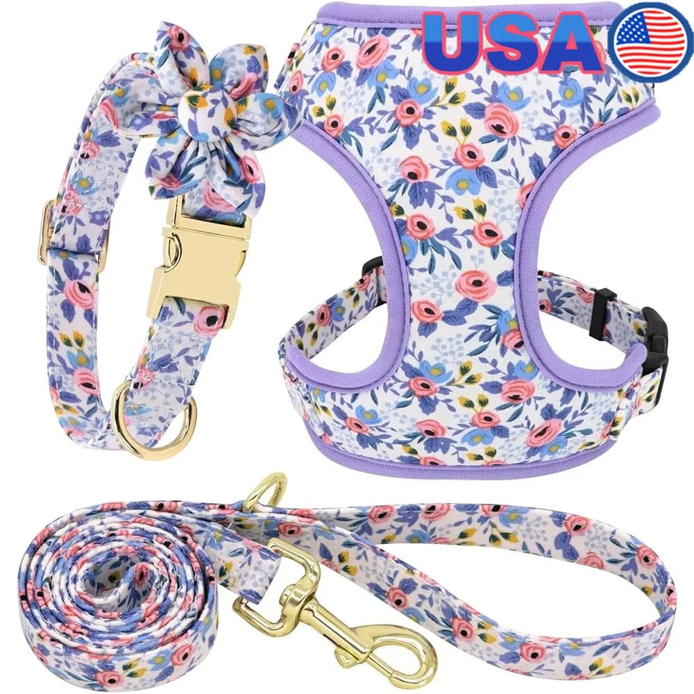Dog Harness Leash Collar Set Adjustable Floral Soft Mesh Vest Puppies Girls