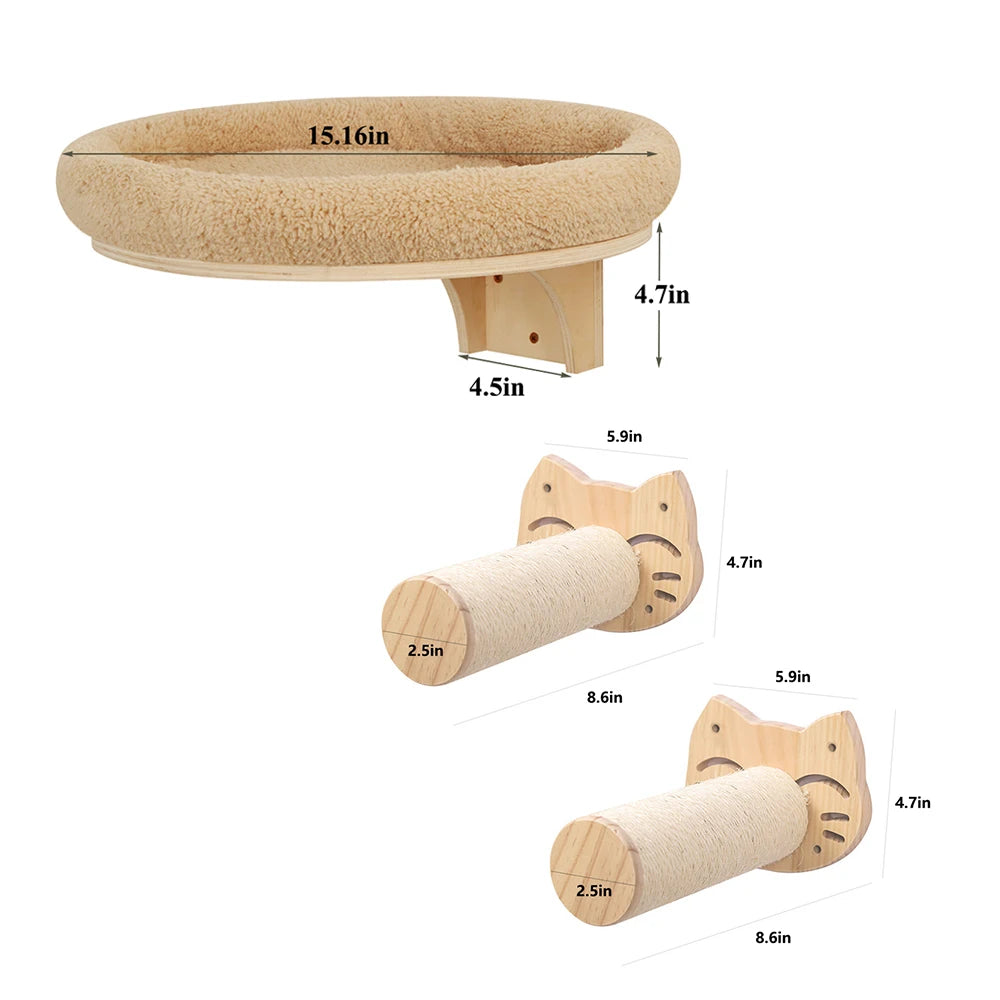 Cat Wall Mounted Solid Wooden Furniture Climbing Ladder and Hammock with Scratching Post for Activity